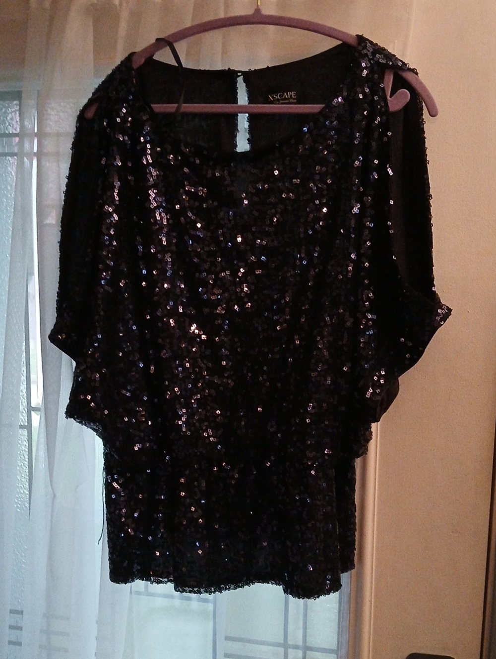 Xscape Black Sequin Draped Evening Blouse
